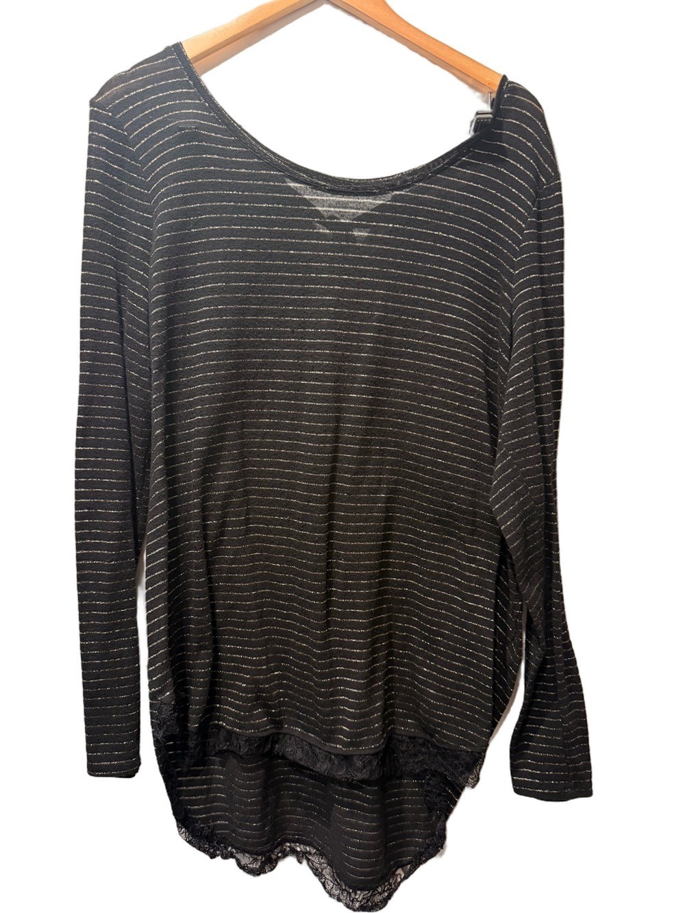 LC Lauren Conrad Black Metallic Stripe Lace Hem Top | XXL